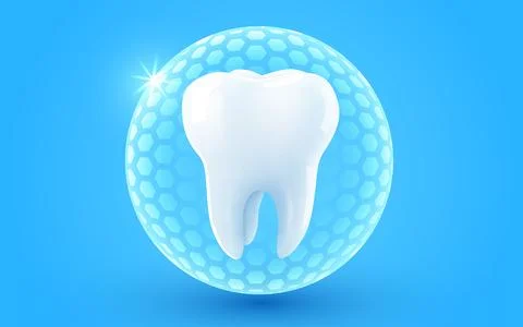3d realistic vector healthy glowing tooth. Shield around white tooth. Dental Stock Illustration