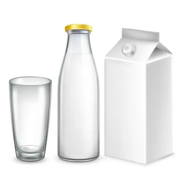 3d realistic vector set of milk. Tetra Pak, bottle and glass of milk Stock Illustration