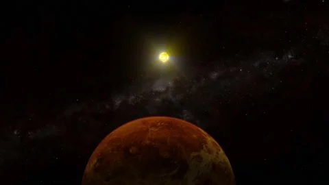 3d realistic Venus surface planet with glowing sun Stock Footage 221906632