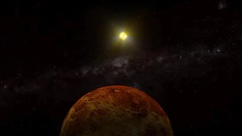 3d realistic Venus surface planet with glowing sun on space Stock Photos