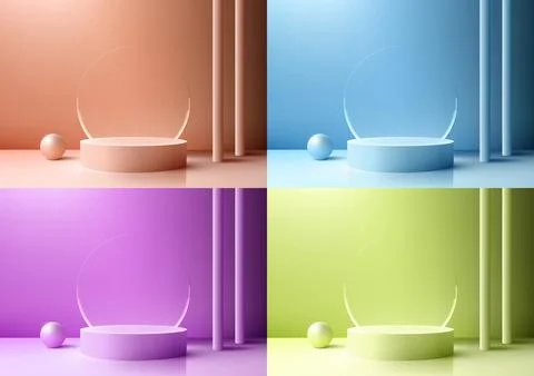 3D realistic vibrant podium set against a transparent glass backdrop, creat.. Stock Illustration