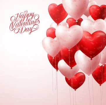 3D Realistic White and Red Heart Balloons Flying Stock Illustration