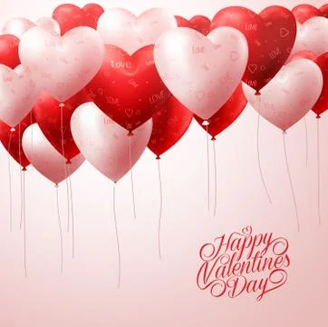 3D Realistic White and Red Heart Balloons Flying with Patterns Stock Illustration