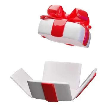 3D realistic white gift box with red ribbon bow unbox, vector festive present Stock Illustration
