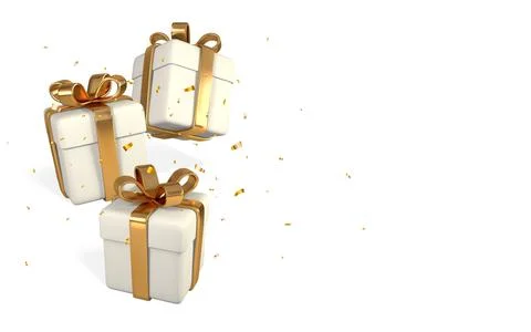 3D realistic white gift boxes with golden bow and confetti. Paper boxes with  Stock Illustration