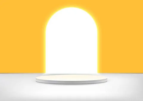 3D realistic white podium platform stand with yellow big arch window backdrop Ilustración de archivo