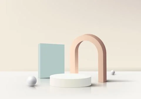 3D realistic white podium platform stand decoration with geometric elements.. Illustrazione stock