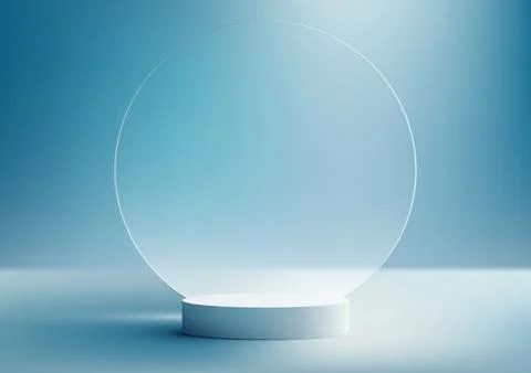 3D realistic white podium stand with circle transparent glass backdrop and .. Stock Illustration