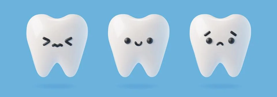 3D realistic white teeth set of different emotions, vector funny cute smile and Stockillustratie