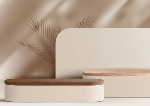 3D realistic wood podium platform stand decoration with golden palm leaves Stock Illustration
