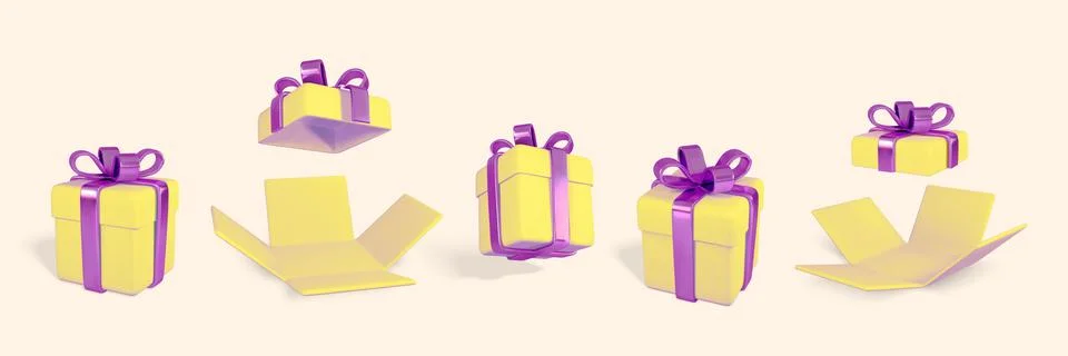 3D realistic yellow gift boxes with shiny purple bow and ribbon. Paper boxes  Stock Illustration