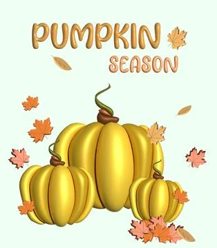 3d Realistic yellow pumpkins and leaves. Decoration for halloween and autumn Stock Illustration