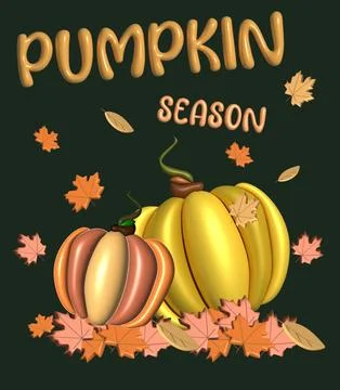 3d Realistic yellow pumpkins and leaves. Decoration for halloween and autumn Stock Illustration