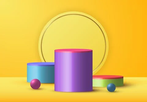 3D realistic yellow rendering and colorful geometric sphere, cylinder studio Stock Illustration
