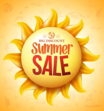 3D Realistic Yellow Sun with Summer Sale Discount Text Stock Illustration