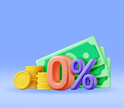 3D Realistic Zero Percent Sign Icon with Cash Illustrazione stock