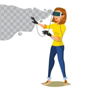 3d Reality Simulation Vector. Having A Good Time With Wearing Virtual Reality Illustrazione stock