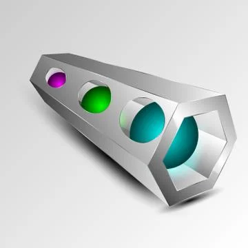 3d rectangle in perspective with multi colored spheres inside Stock Illustration