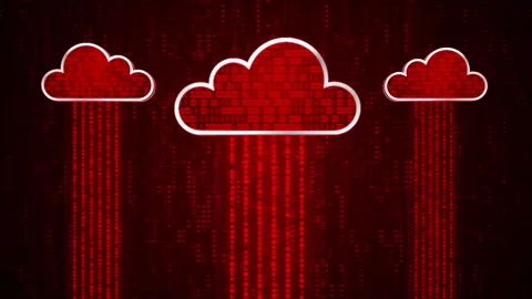 3D red 3 cloud system with binary code encryption, Data upload download to cloud Stock Footage 242788647