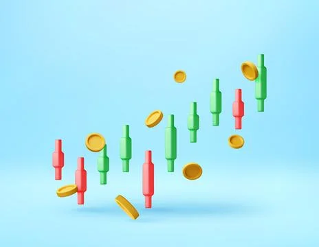 3d Red and green candlestick chart with gold coin. Stock Illustration