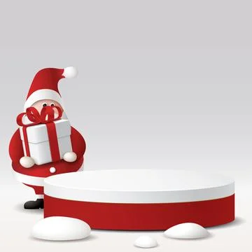 3D red and white rounded podiem with snowdrift and cute Santa Claus holding.. Stock Illustration