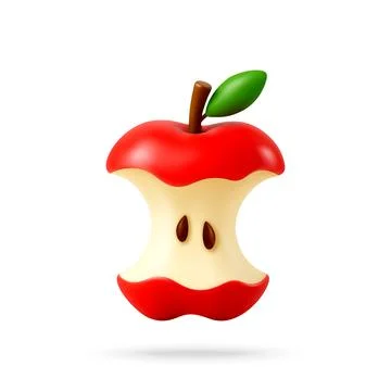 3D Red apple core with green leaf Stock Illustration