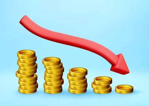 3D Red arrow and coins pointing down Stock Illustration