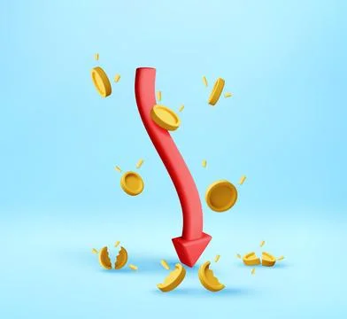 3d Red arrow downward trend in stock market 스톡 일러스트
