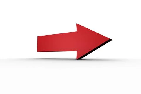 3D red arrow is floating above white backdrop with subtle shadow in 3D render Stock Photos