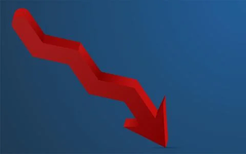 3D red arrow pointing down representing loss. 3D red arrow Stock Illustration