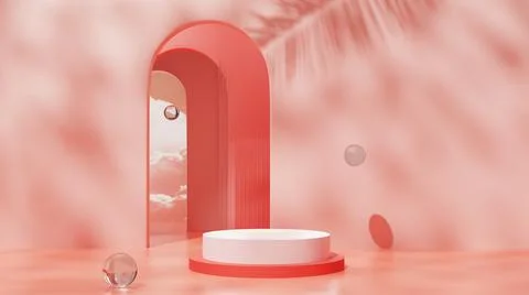 3d red background rendering podium with arches, glass balls Stock Illustration