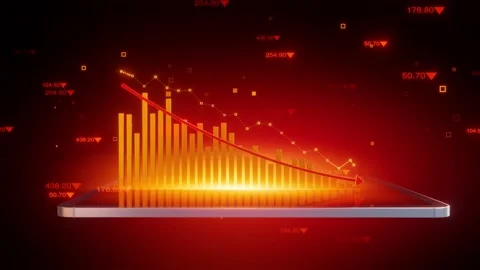 3d red bar graph fall down following the arrow with tablet 스톡 동영상 237055551