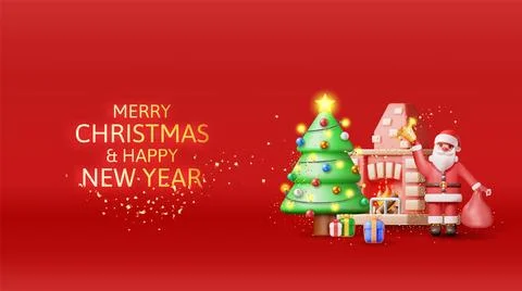 3D Red Brick New Year Fireplace and Santa Claus. イラスト素材