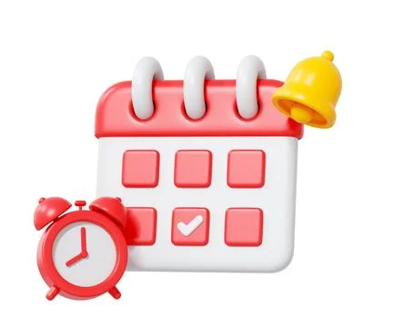 3D red calendar with check mark, alarm clock, and yellow notification bell Illustrazione stock