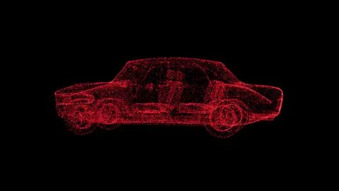3D red car on black background. Object consisting of flickering particles. .. Illustrazione stock