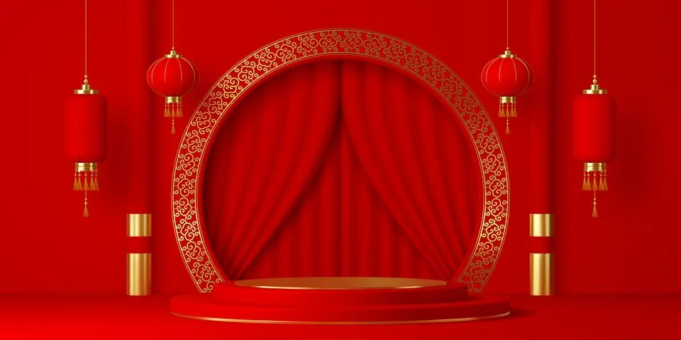 3d red circular vector podium stage with lanterns Illustrazione stock