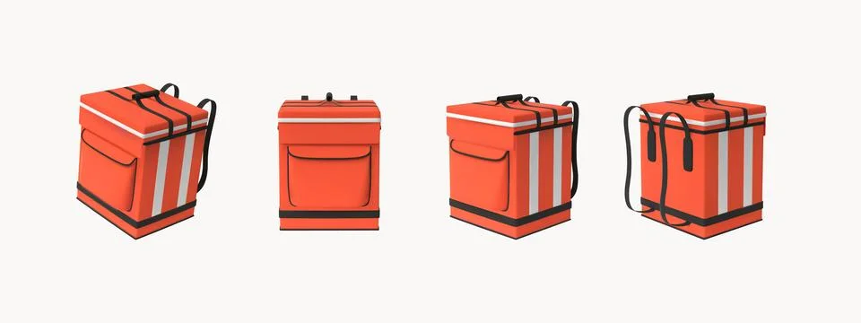 3D red courier delivery backpack view from different sides, takeaway thermal box Stock Illustration