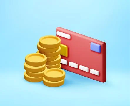 3D Red credit card with stack of gold coins. Stock Illustration