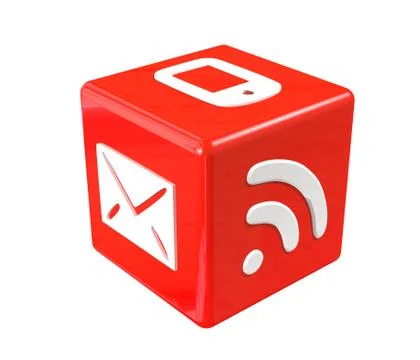 3d red cube with communication symbols Illustrazione stock