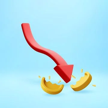 3D Red downward arrow breaking golden coin. Stock Illustration