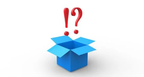 3D red exlamation question mark blue open box Illustrazione stock