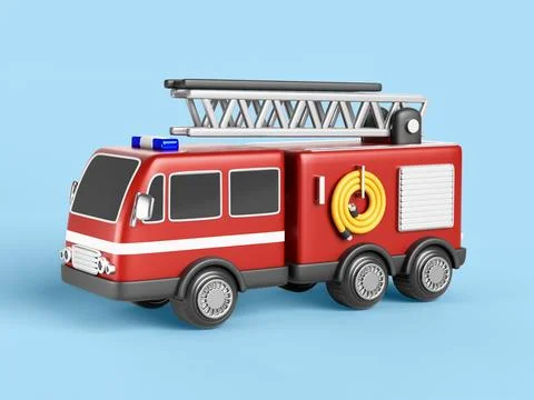 3d red fire engine, emergency rescue vehicle with alarm siren, ladder and hose Ilustración de archivo