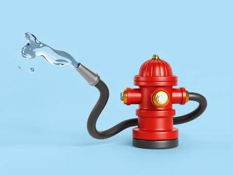 3d red fire hydrant with firefighter hose and jet water on blue bg. Emergency Stock Illustration