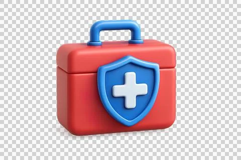 3D Red First Aid Kit with Blue Medical Shield and White Cross Icon Stock Illustration