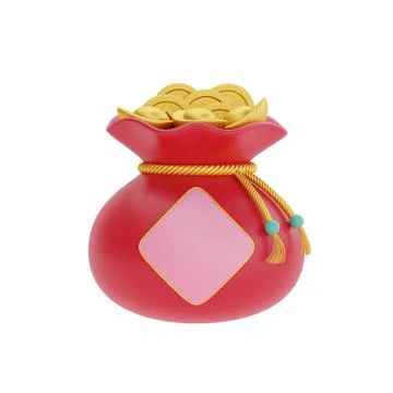 3D Red fortune bag full of gold and money isolated, decoration for Chinese ne Stock Illustration