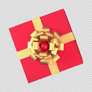 3d red gift box with gold ribbon and bow isolated on png background. Stock Illustration