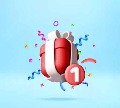 3D Red gift box with number one icon and confetti イラスト素材