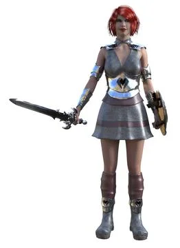 3D Red haired female warrior with sword and shield Stock Illustration