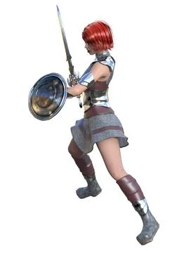 3D Red haired female warrior with sword and shield Stock Illustration