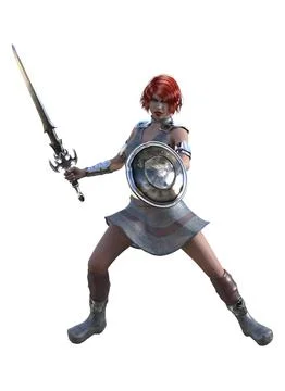 3D Red haired female warrior with sword and shield Stock Illustration